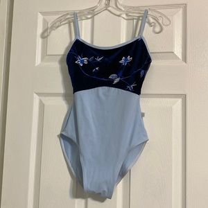Class In blue leotard with floral velvet bodice.